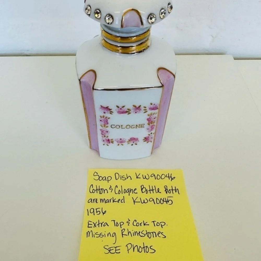 1956 Lefton Vanity Dresser Bottles & Soap Dish Hand Painted Rhinestones/Cork Set